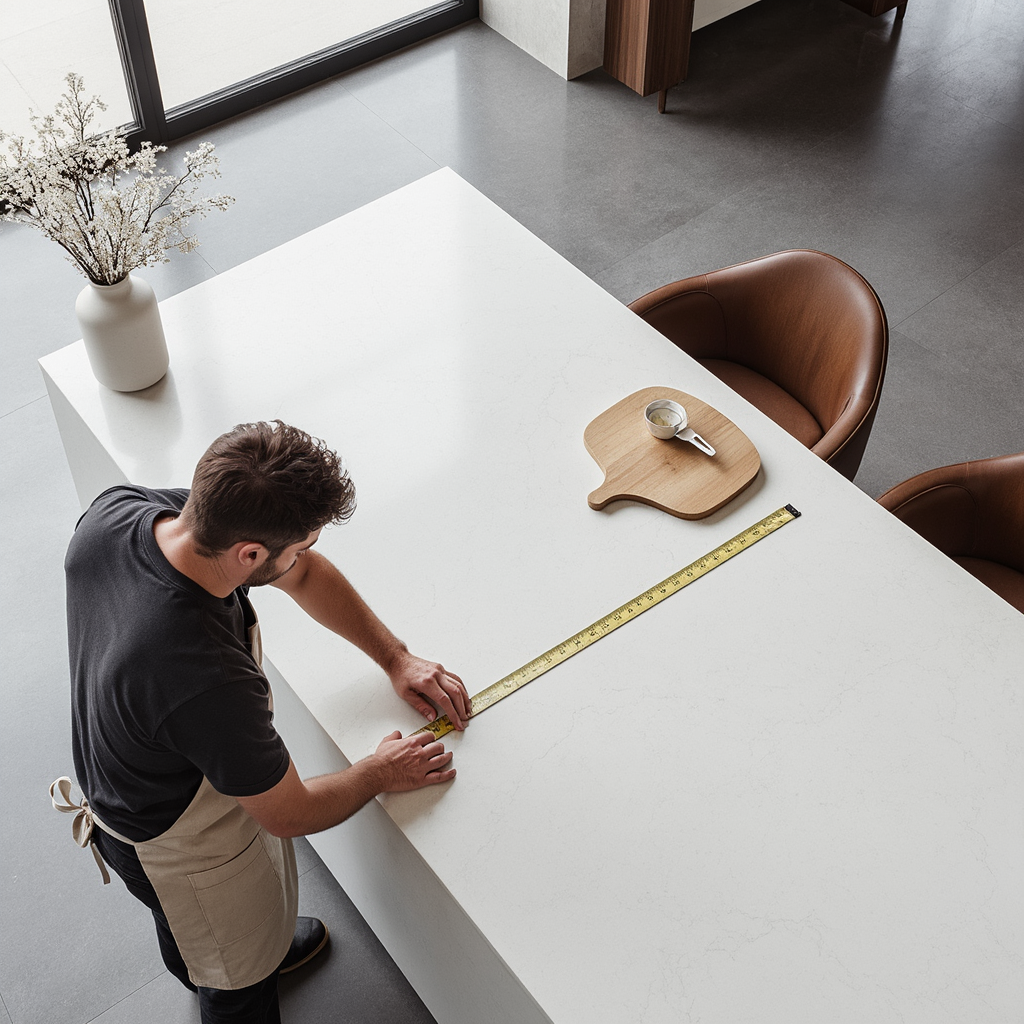 Illustration: sådan måler du din egen bordplade trin for trin med målebånd og skitse.