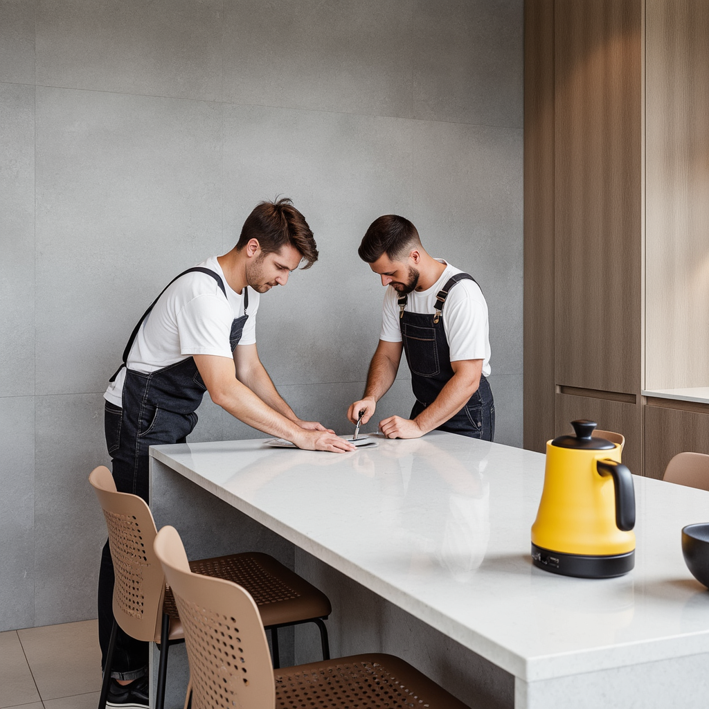 Montør, der installerer kvartsbordplade i skandinavisk køkken