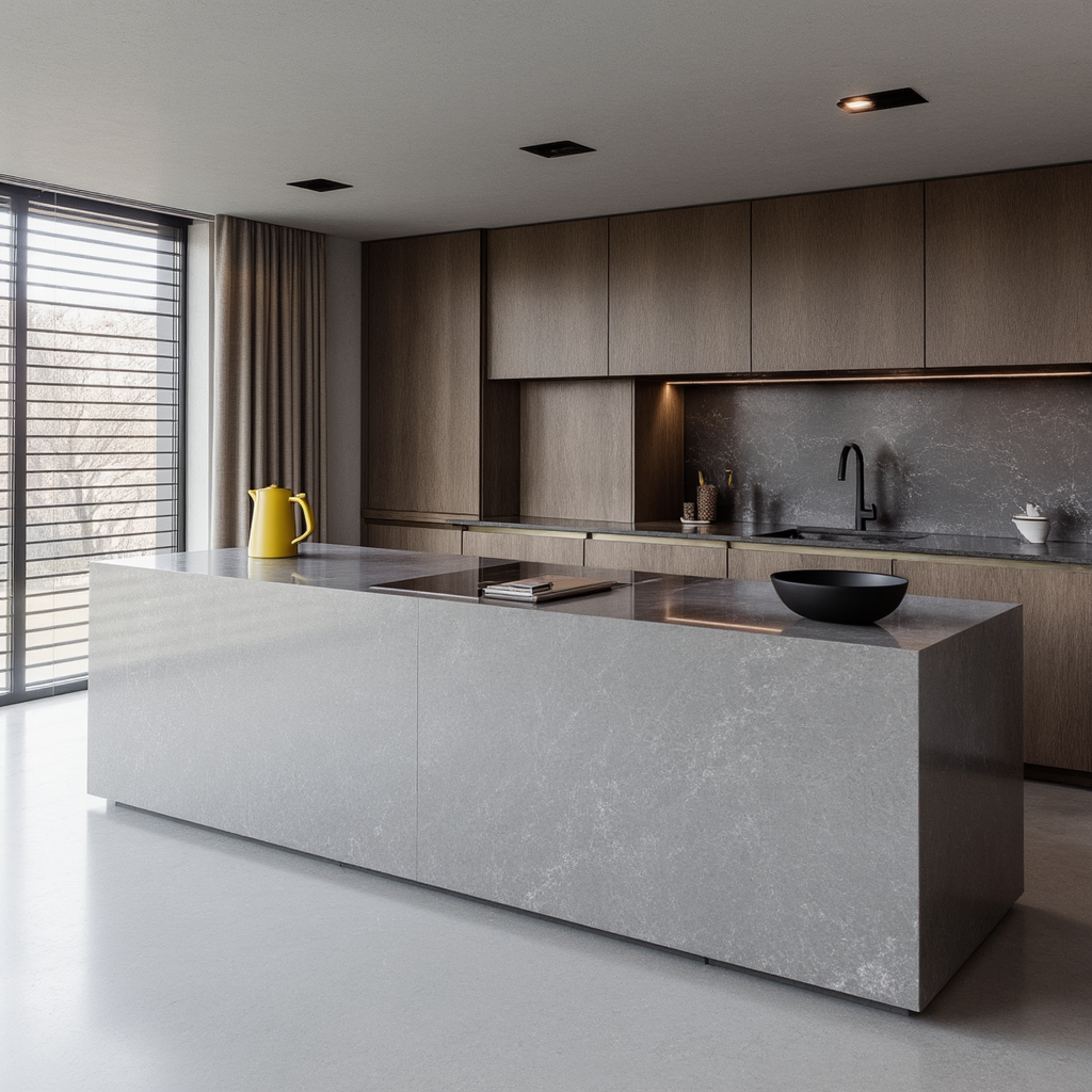 Sammenligning mellem Technistone kvartsbordplade og natursten i moderne køkken