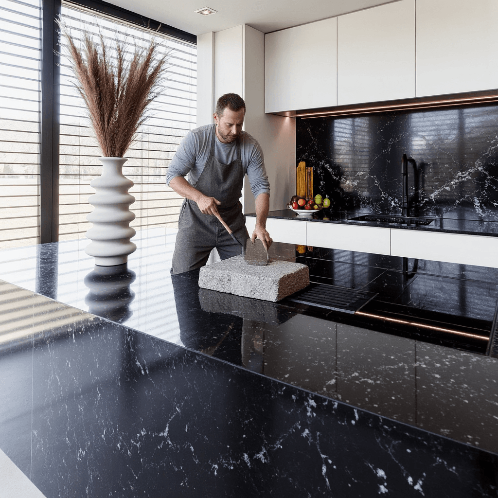 Person, der rengør kvartsbordplade med blød klud og miljøvenligt rengøringsmiddel